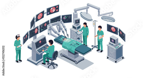 Robotic surgery in modern operating room with medical professionals and advanced technology vector illustration