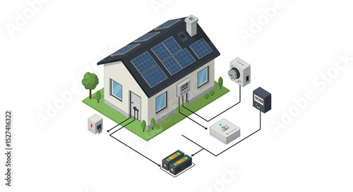 Sustainable home energy system with solar panels and battery storage for efficient power use vector illustration