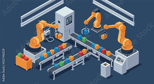Automated manufacturing with robotic arms and assembly line technology vector illustration