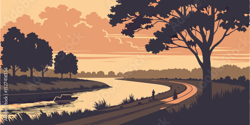 Sunset River Scene with Path and Trees