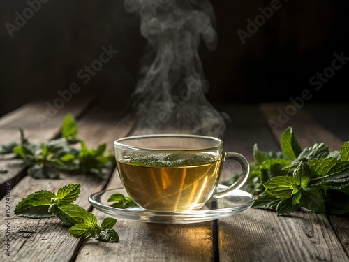AI generated image of steaming mulberry leaf tea in clear glass on rustic wooden table with dried and fresh mulberry leaves under vintage lighting