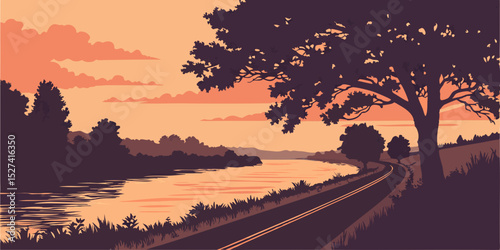 Sunset Landscape with Winding Road