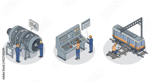 Industrial engineering and maintenance: engine examination, control system monitoring, and railway inspection vector illustration