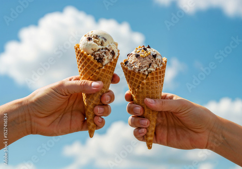 Ice cream cones are held against a bright blue sunny sky outdoors today