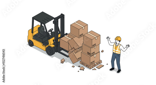 Warehouse safety cartoon with overloaded forklift and worker reaction for industrial training vector illustration