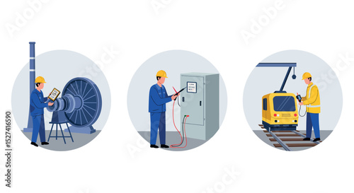 Industrial maintenance and safety: engineers operating machinery and conducting electrical inspections vector illustration