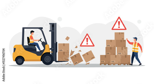 Workplace safety alert with forklift and falling boxes vector illustration