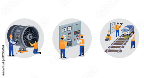 Industrial maintenance and engineering scenes for aerospace, electrical panels, and railway systems vector illustration