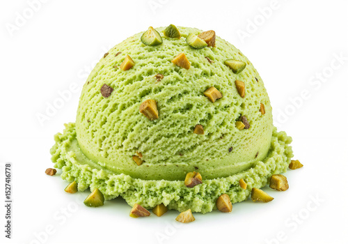 Pistachio icecream scoop is topped with chopped nuts offering a refreshing tasty treat dessert delicacy