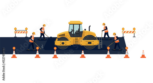Road construction site with workers and machinery for infrastructure development vector illustration