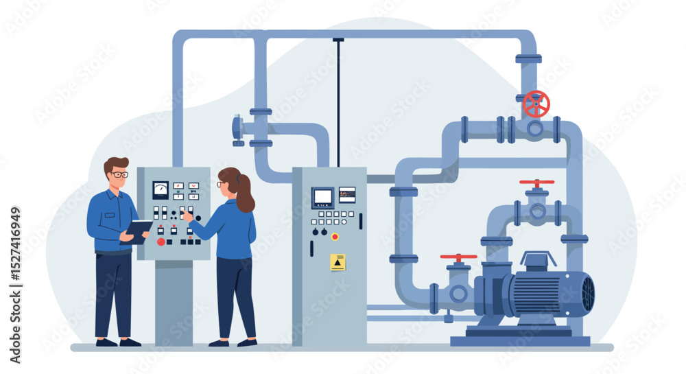 Fototapeta premium Industrial control system engineers operating equipment in utility plant setting vector illustration