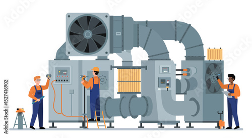 Industrial maintenance: engineers operating hvac equipment for efficient airflow management vector illustration