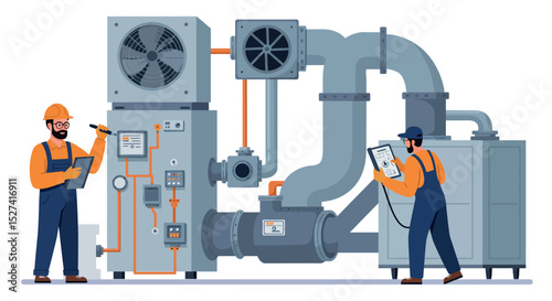 Industrial maintenance and inspection with engineers operating hvac systems vector illustration