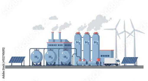 Hydrogen energy plant concept with wind turbines and solar panels vector illustration
