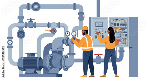 Engineers monitoring industrial water pipeline system for efficient operation vector illustration