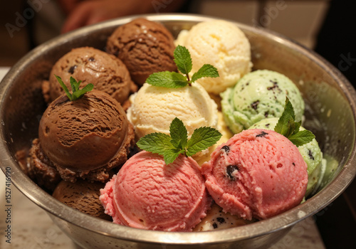 Ice cream scoops are stacked in bowl featuring flavors like chocolate vanilla strawberry mint and mint leaves