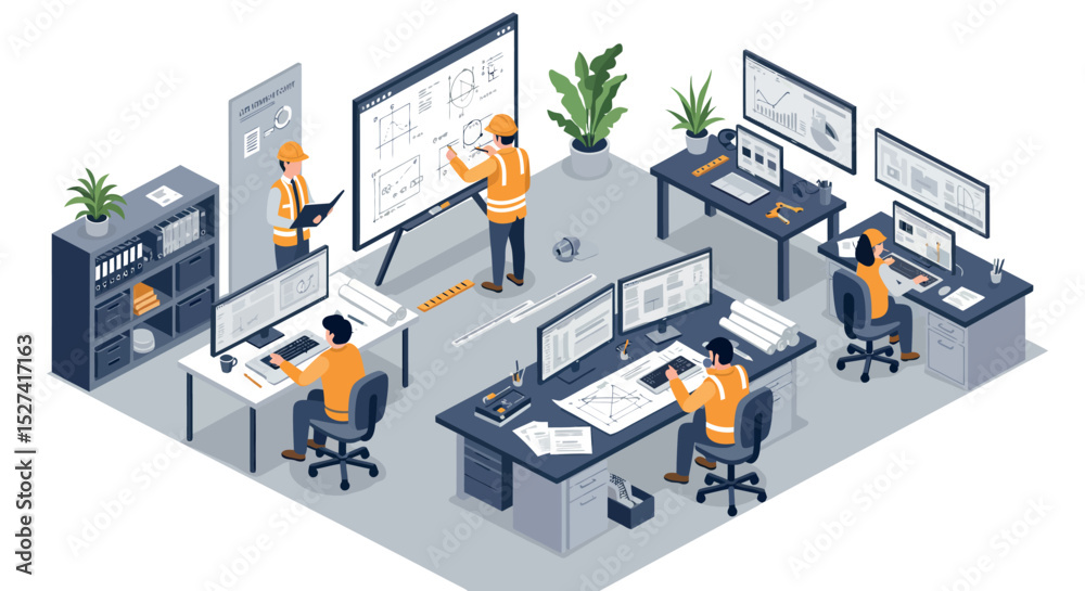 Obraz premium Modern engineering office with workers collaborating on technical drawings and projects vector illustration