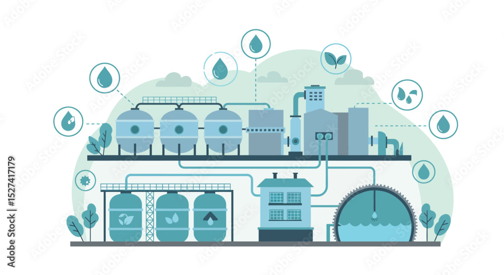 Fototapeta premium Water treatment plant process diagram for environmental conservation and sustainable development vector illustration