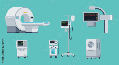 Medical equipment and devices for hospital use on blue background vector illustration