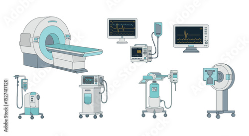 Medical imaging and monitoring equipment for healthcare design vector illustration