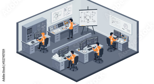 Engineering team working in control room with technical equipment and diagrams for analysis vector illustration