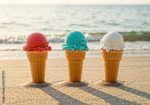 Colorful ice cream cones stand on a sandy beach with ocean backdrop on a sunny day