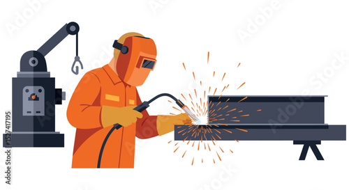 Industrial welding scene with worker and equipment in action vector illustration