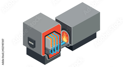 Industrial furnace and heat exchanger in isometric design for energy systems visualization vector illustration