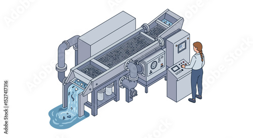 Industrial wastewater treatment process with operator at control panel for environmental management vector illustration