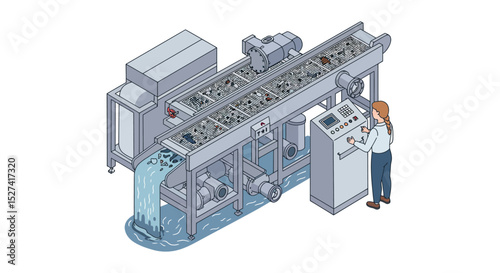 Woman operating water filtration system in industrial setting for environmental technology concept vector illustration