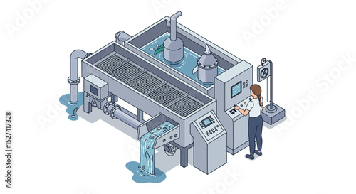 Modern water treatment plant with operator managing filtration system for environmental safety vector illustration