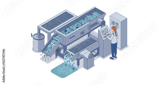Automated recycling process with conveyor belt and waste sorting machine in a factory setting vector illustration