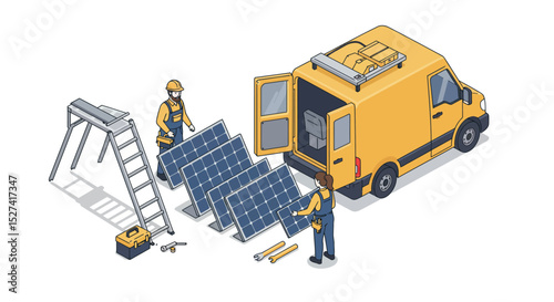 Installation of solar panels by workers with equipment and yellow van vector illustration
