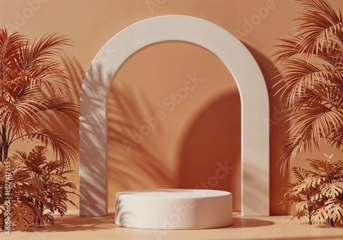 Minimalist podium platform displays product among palm trees in a studio space