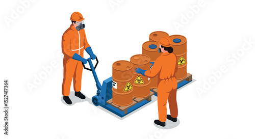 Industrial safety procedures with hazardous waste handling in protective gear vector illustration