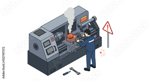 Industrial safety in cnc machine operation with cautionary elements and operator gear vector illustration