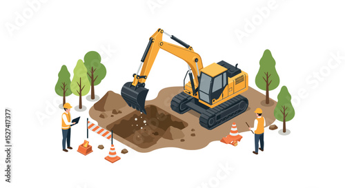 Construction site with excavator and workers in safety gear for land development projects vector illustration