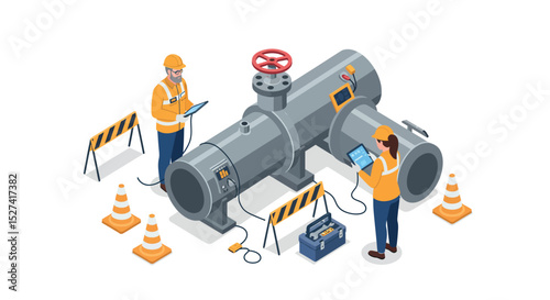 Engineers inspecting industrial pipeline system with tablets for maintenance and safety vector illustration