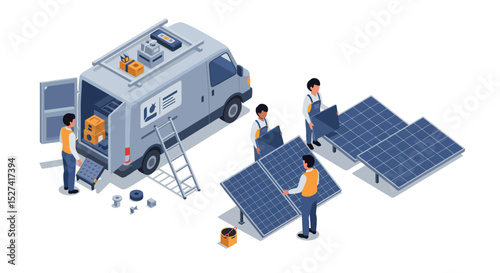 Solar panel installation scene with workers and tools vector illustration