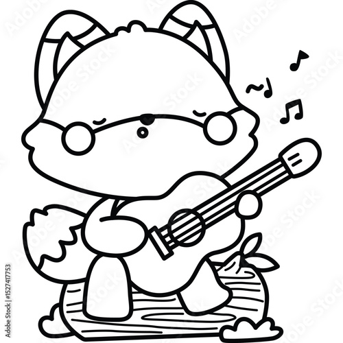 a vector of a cute fox playing guitar in black and white coloring