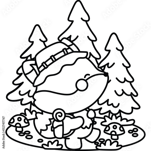 a vector of a cute fox walking in the wood in black and white coloring