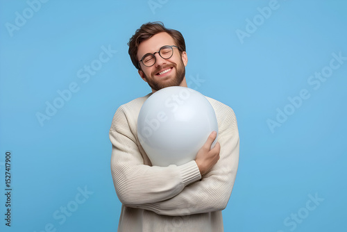 A smiling man in a cozy sweater embraces a large white sphere against a bright blue background, exuding warmth and happiness.