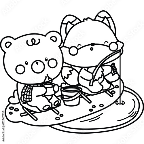 a vector of a cute bear and fox fishing in the lake in black and white coloring