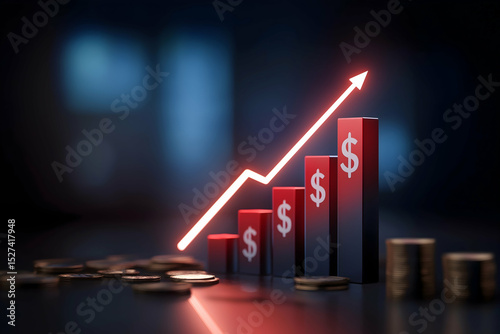 A glowing graph with upward bars and dollar signs symbolizes financial growth and success, set against a dark background.