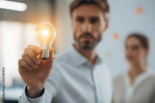 A man holds a glowing light bulb, symbolizing innovation and bright ideas, with a blurred figure of a woman in the background.
