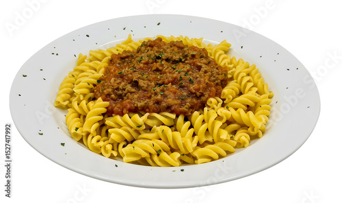 Fusilli Pasta with Bolognese Sauce – Traditional Italian Dish in Bowl isolated on transparent background PNG