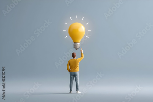 A person stands in front of a glowing light bulb, symbolizing ideas and inspiration in a minimalistic, modern setting.