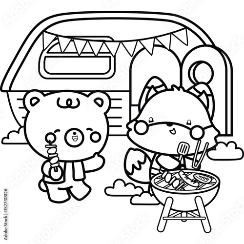 A cute vector of animal camping cooking in black and white coloring