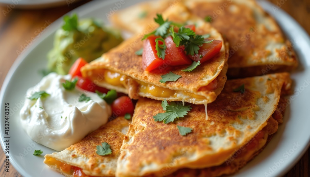 Appetizing plate chicken quesadillas with guacamole and sour cream. Tomato and cilantro garnish. Mexican food, fast food for restaurants menus and cafes. Tasty meal with melted cheese. Appetizing plate chicken quesadillas with guacamole and sour cream. Tomato and cilantro garnish. Mexican food, fast food for restaurants menus and cafes. Tasty meal with melted cheese.