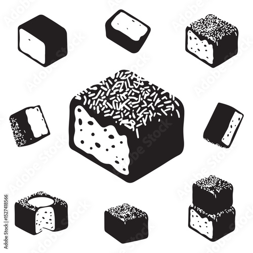 Lamington vector bundle.   Lamington vector illustration . Lamington lineart,  clipart,  Lamington black silhouette.  Australian lamington cake illustration bundle, vector . lamington cake vector bund